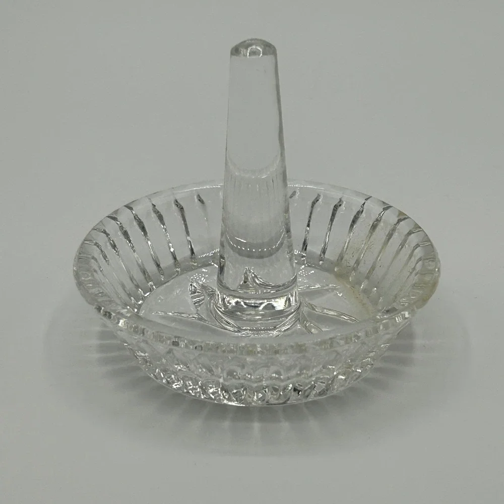 Vintage Clear Pressed Glass Thick Ring Holder Starburst Base Ribbed Trinket Dish
